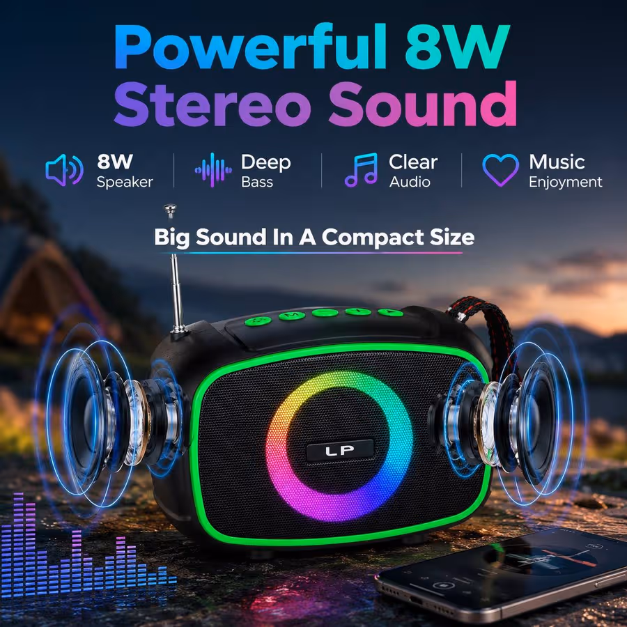 Portable Bluetooth Speaker with FM Radio Solar Panel RGB LED Light USB TF Card TWS 8W Sound Speaker
