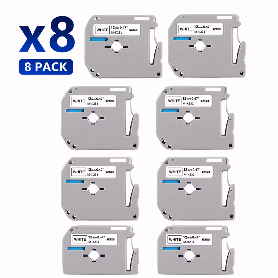 Compatible Brother MK-231 Black/White Label Tape Laminated 12mmx8M 8-Pack MK231