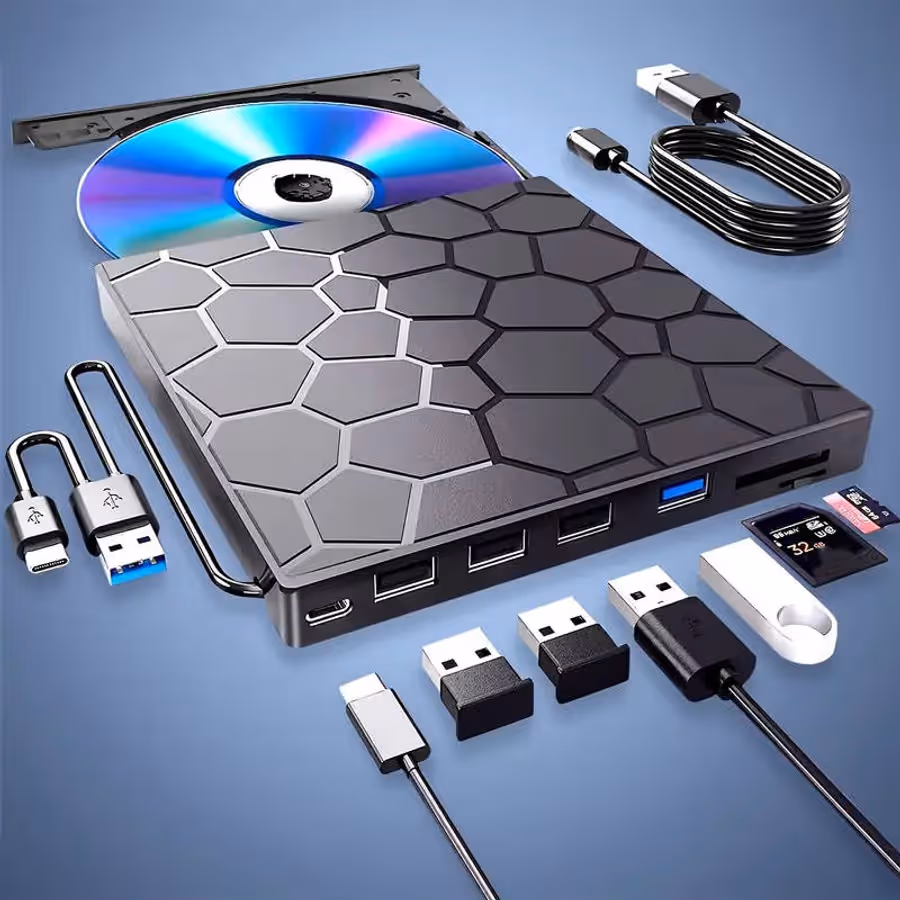8in 1 External DVD Drive, Amicool USB 3.0 Type-C CD DVD +/-RW Optical Drive