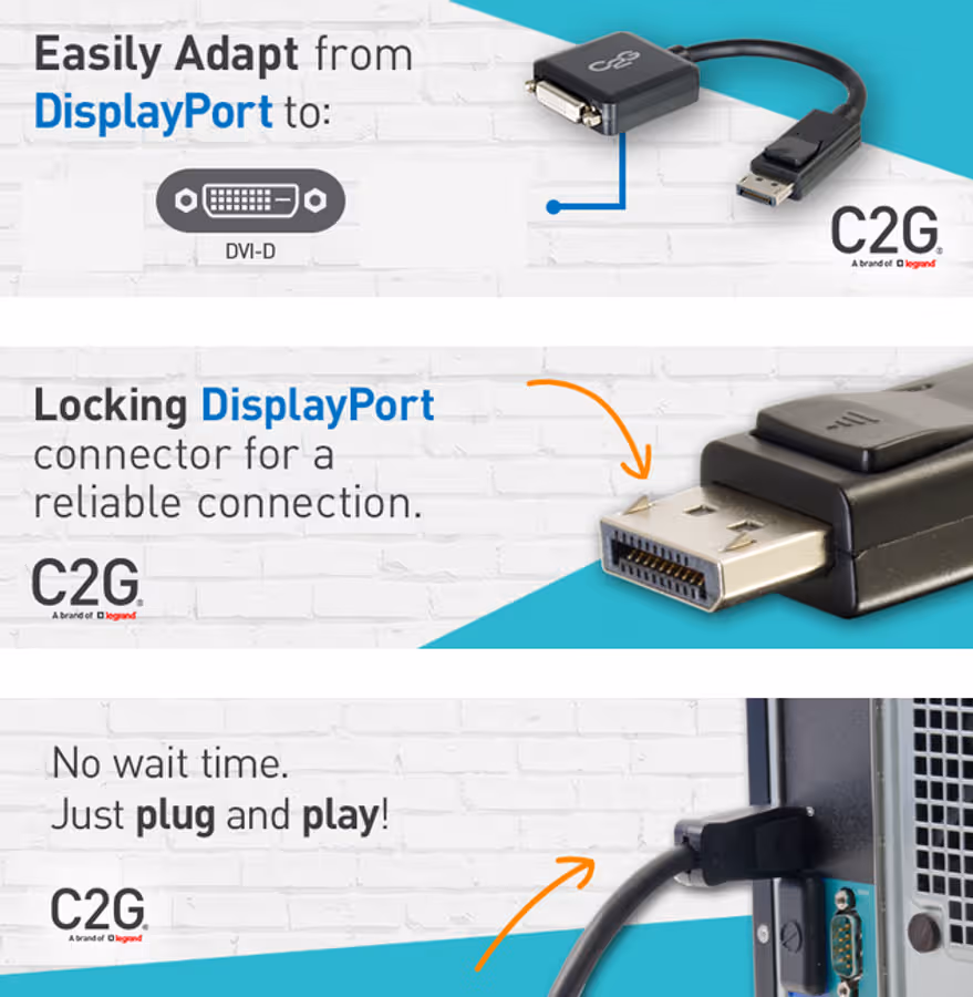 DisplayPort Male to Single Link DVI-D Female Adapter Converter - 20cm C2G Cables 2 Go 54321