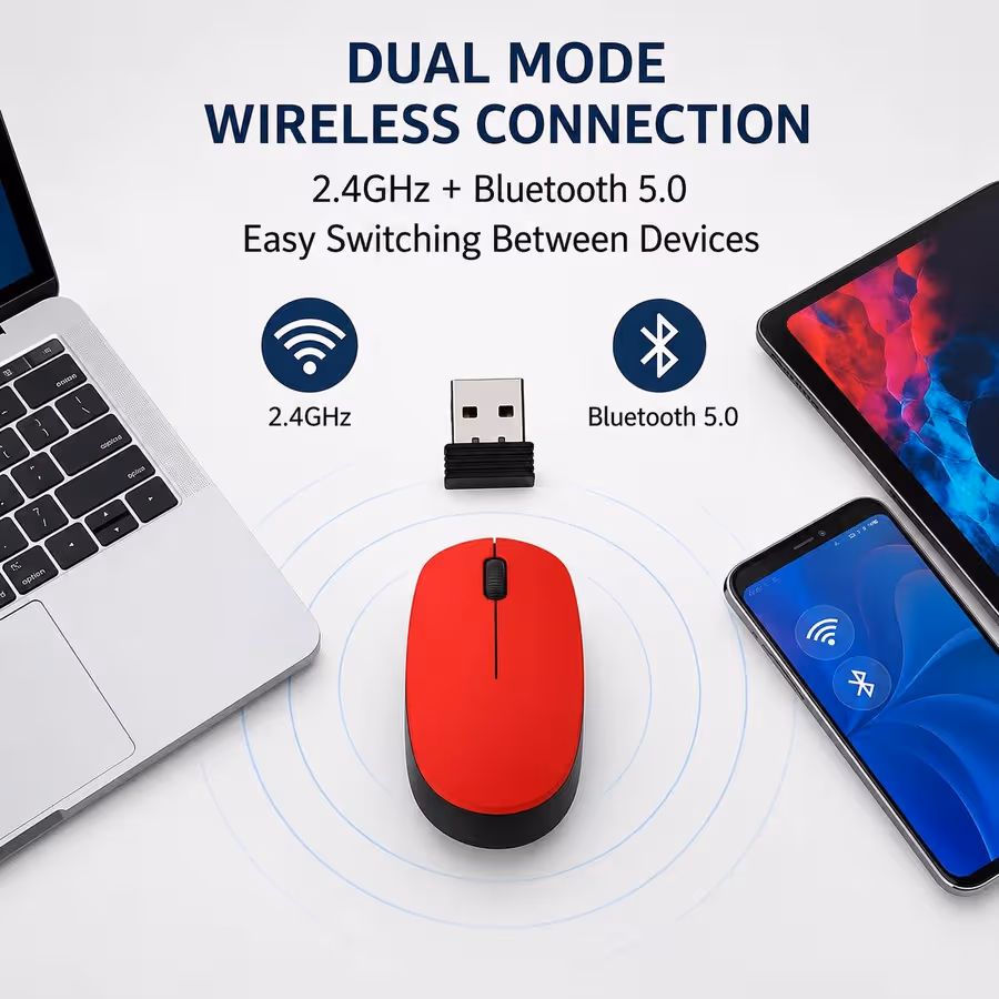 Dual mode wireless mouse bluetooth 5.0 2.4GHz portable optical mouse red
