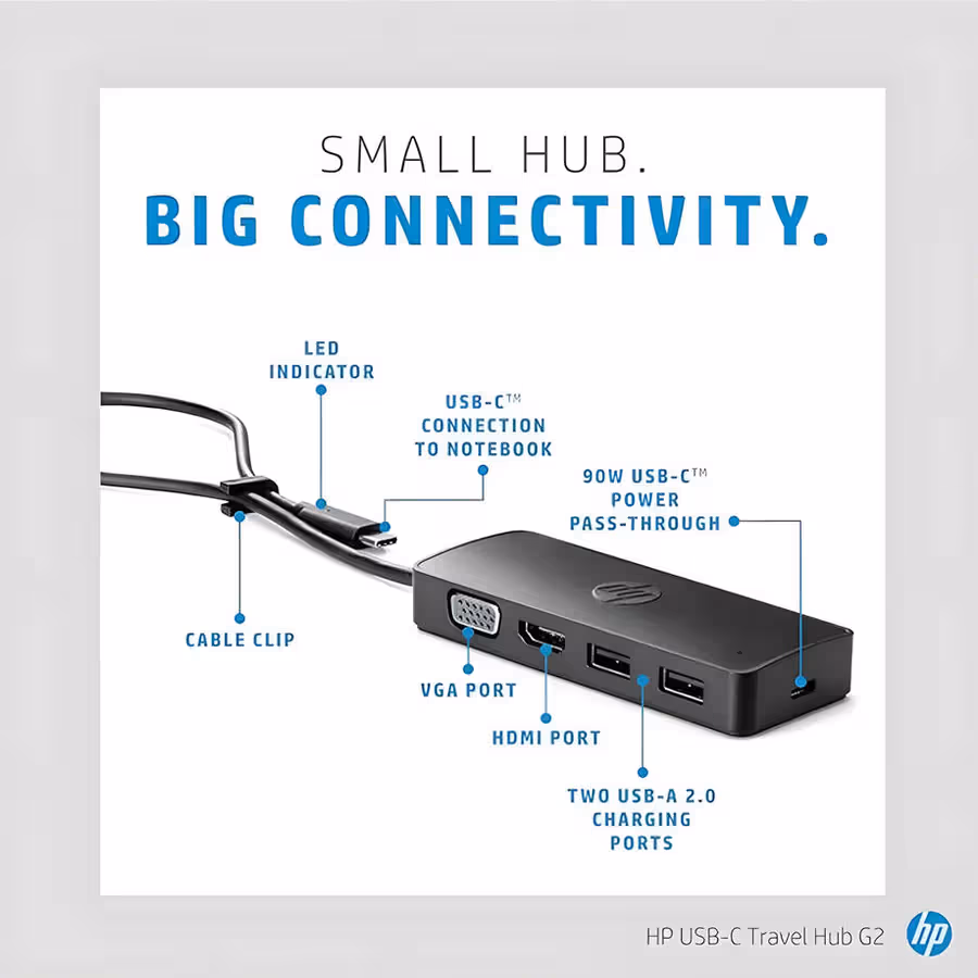 HP USB-C Travel Hub G2 - HDMI, VGA, USB-C, 2X USB-A