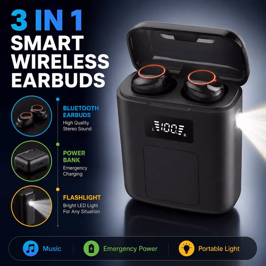 M7 TWS Bluetooth Earphones with Emergency Power Bank LED Flashlight, Wireless V5.1 Stereo Earbuds