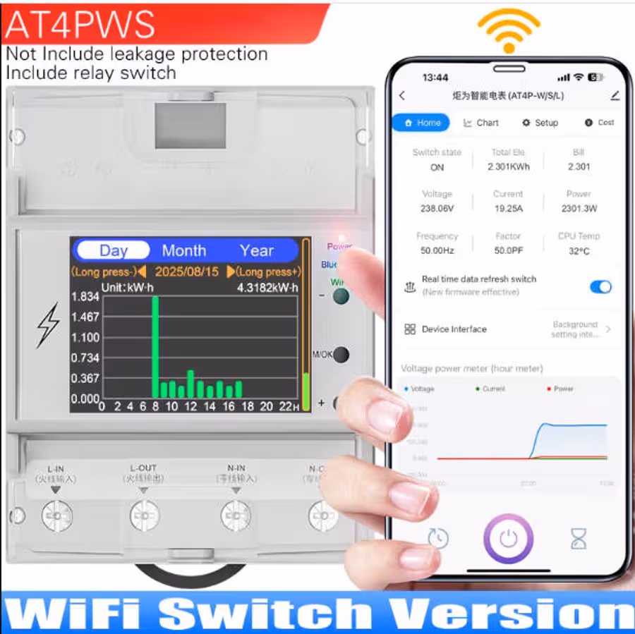 WIFI Smart 100A AT4PWS 230VAC KWh monitor TUYA App