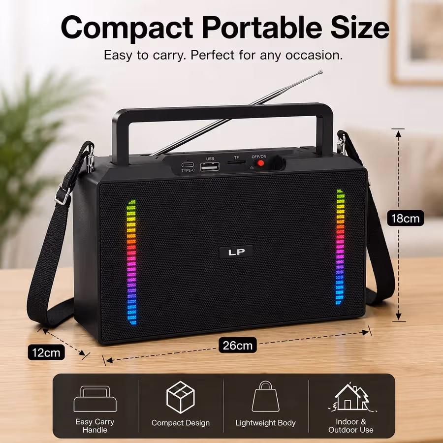 LP V90 Portable Boombox Speaker FM Radio Bluetooth 5.1 USB TF Card RGB Light 10W Stereo Sound Black