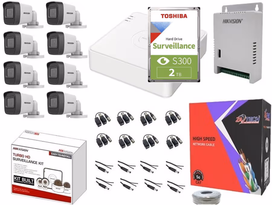 Hikvision 8 Channel DVR 8x 2MP Camera 100M Cat6 Cable CCTV Kit + 2TB Surveillance Harddrive